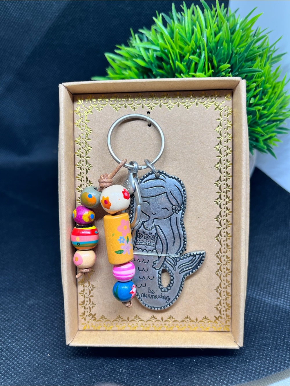 NATURAL LIFE Multicolor Mermaid Keychain with Wooden Beads and Carabiner